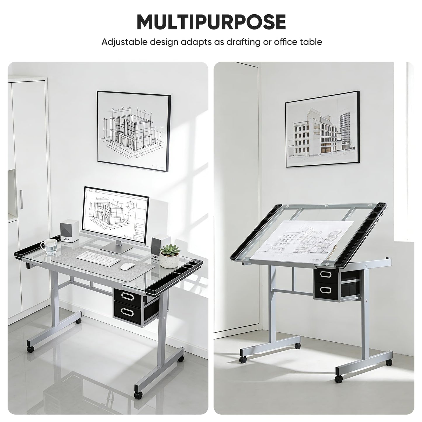 Magshion Professional Drafting Table for Adults Teens, Tilting Glass Tabletop Art Craft Desk Diamond Watercolor Paintings Sketching Work Station for Home Office Reading, Writing, Crafting (Clear)