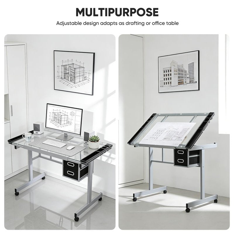 Magshion Professional Drafting Table for Adults Teens, Tilting Glass Tabletop Art Craft Desk Diamond Watercolor Paintings Sketching Work Station for Home Office Reading, Writing, Crafting (Clear)