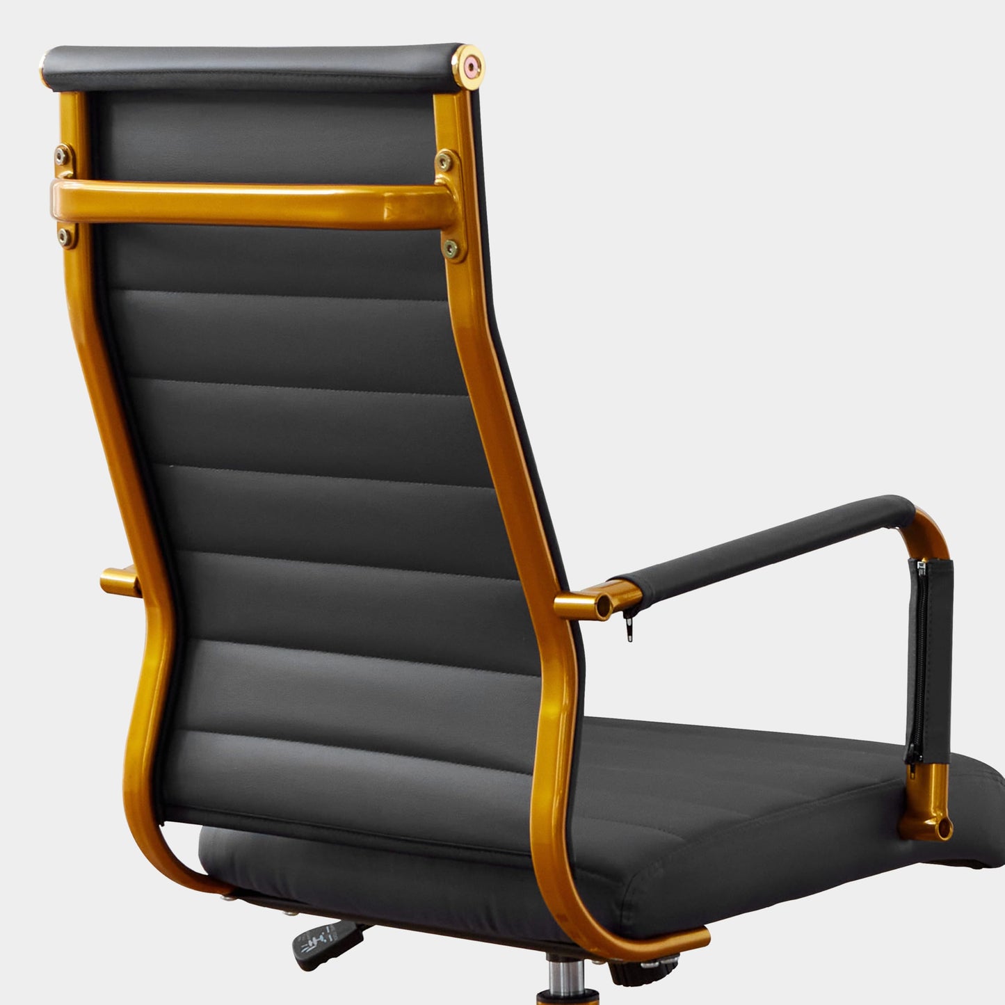 Livinia Modern Executive Office Desk Chair, Chrome & Leather Conference Room Swivel Chairs with Ribbed High Back, Adjustable Height, Removable Armrest, and Wheels for Home Office (Black(Gold))