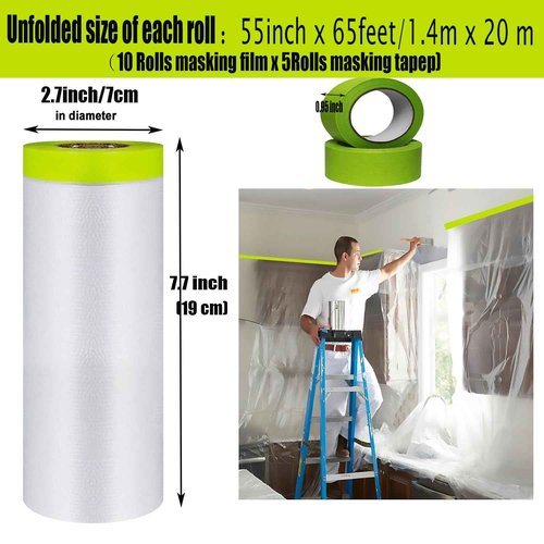 YUNXIHUI Painters Plastic with Tape, Tape and Drape, 10 Rolls Automotive Painters Tape and Plastic Film, Paint Plastic Covering Roll for Covering Skirting, Frames, Cars and Auto Body (55in X 65-Feet)