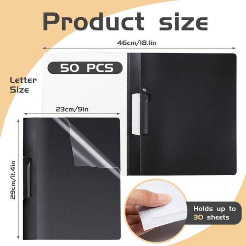 Maitys 50 Pack Clear Report Covers with Clip 11.4 x 9 Inch Presentation Folders Transparent Front Portfolio Folders for Letter Size(Black)