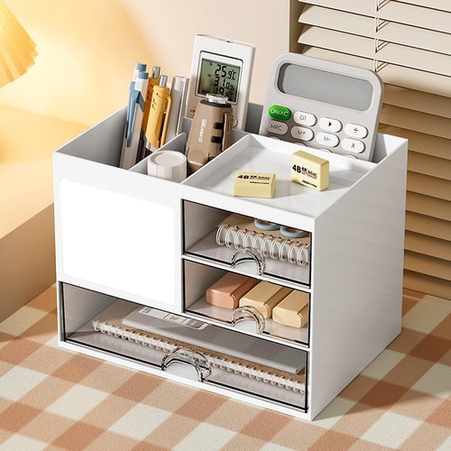 Catekro Pen Organizer with 3 Drawer, Desk Top Accessories Stationary Organizer Desk Caddy, Multi-Functional Pencil Holder for Desk Organizers with 5 Compartments for Office Art Supplies(White)
