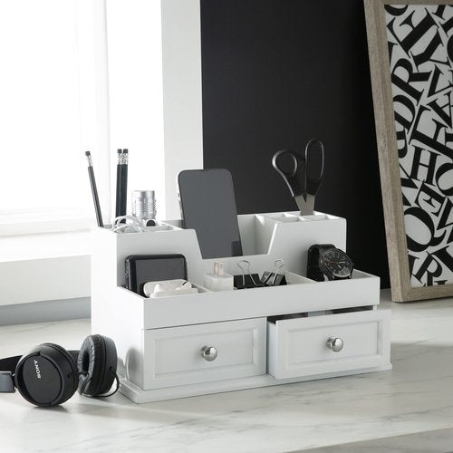 Organize It All Accessory Organizer | Dimensions: 13.8"x 7.3"x 7.1" | Holds Cosmetics | Office Supplies | Tech Accessories | Home Organization | Durable | Has 2 Drawers | 12 Compartments | White