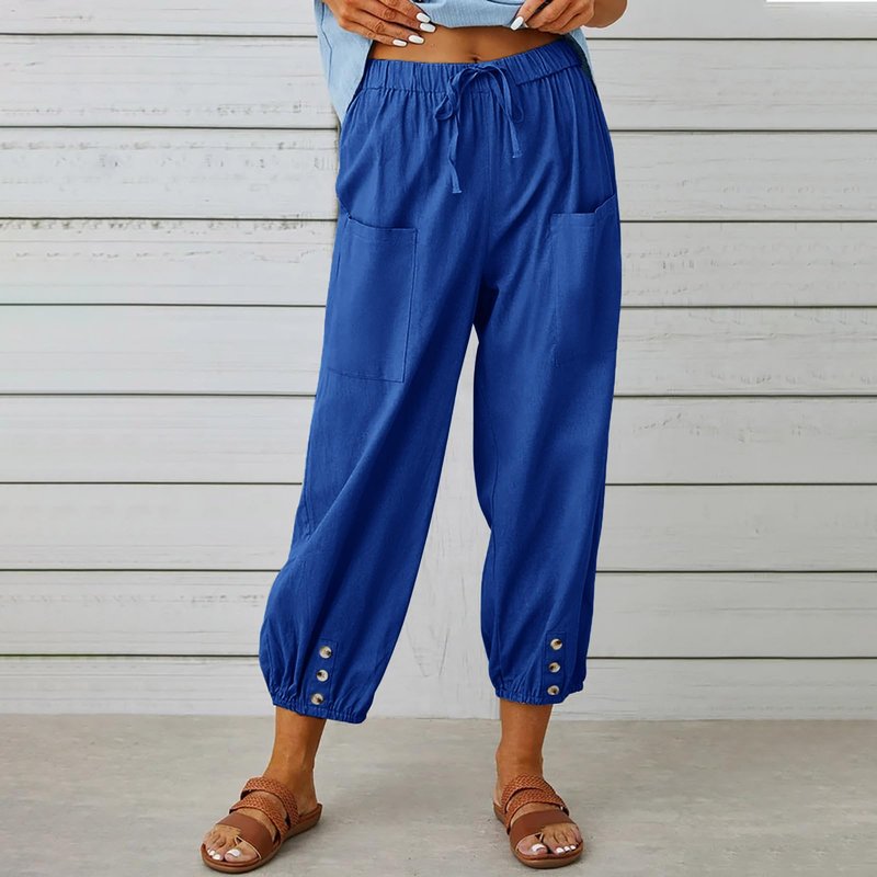 BIVENANT Capri Pants for Women Linen Pants Women with Pockets Cotton Pants for Women Womens Casual Pants Summer Beach Drawstring Pants Women Lightweight Summer Pants Women,Blue,S