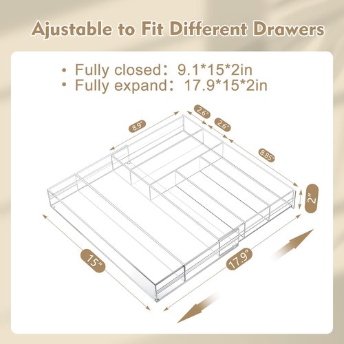 Briwooody Acrylic Drawer Organizer Maximum 15 x 18 x 2 Inch Expandable Drawer Organizer Pens Notebook Ruler Makeup Tray with 7 Adjustable Compartments for Desk Office Kitchen Bathroom(Clear)