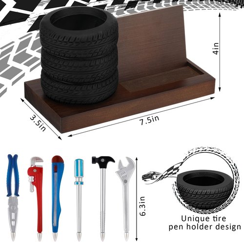 Feifeiya 7 Pcs Tire Shape Stationery Set Wooden Tire Pen Holder Business Card Holder Desktop Novelty Desk Organizer Tool Funny Automotive Desk Accessories for Men Gifts Mechanic Car Lovers(Brown)
