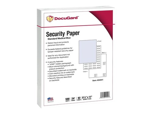 DocuGard Medical Security Papers, 24 lb Bond Weight, 8.5 x 11, Blue, 500/Ream