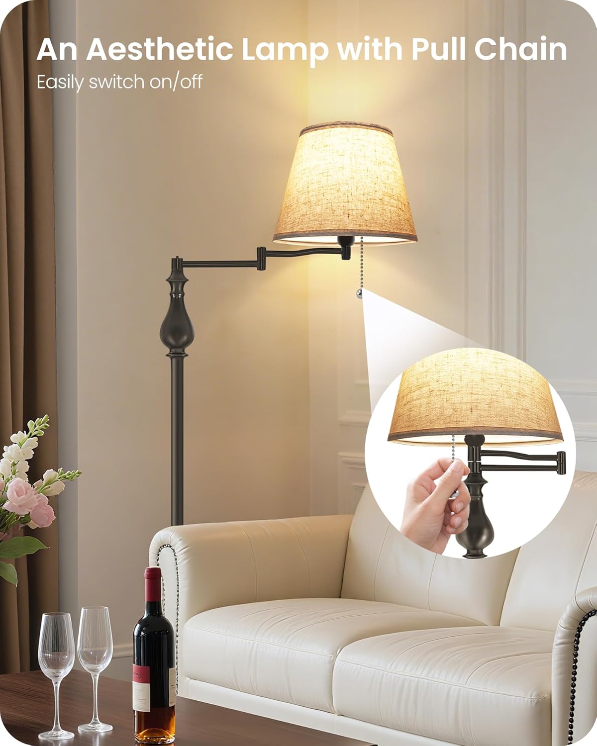 Skiennix Mid-Century Modern Floor Lamp - Adjustable Swing Arm & Pull Chain Switch - Antique Design for Living Room, Bedroom, Office