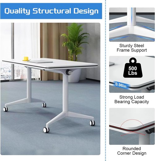 Movable Folding Conference Table - Modern Rectangular Design with Wheels | White, 47.2in for Office & Training Rooms