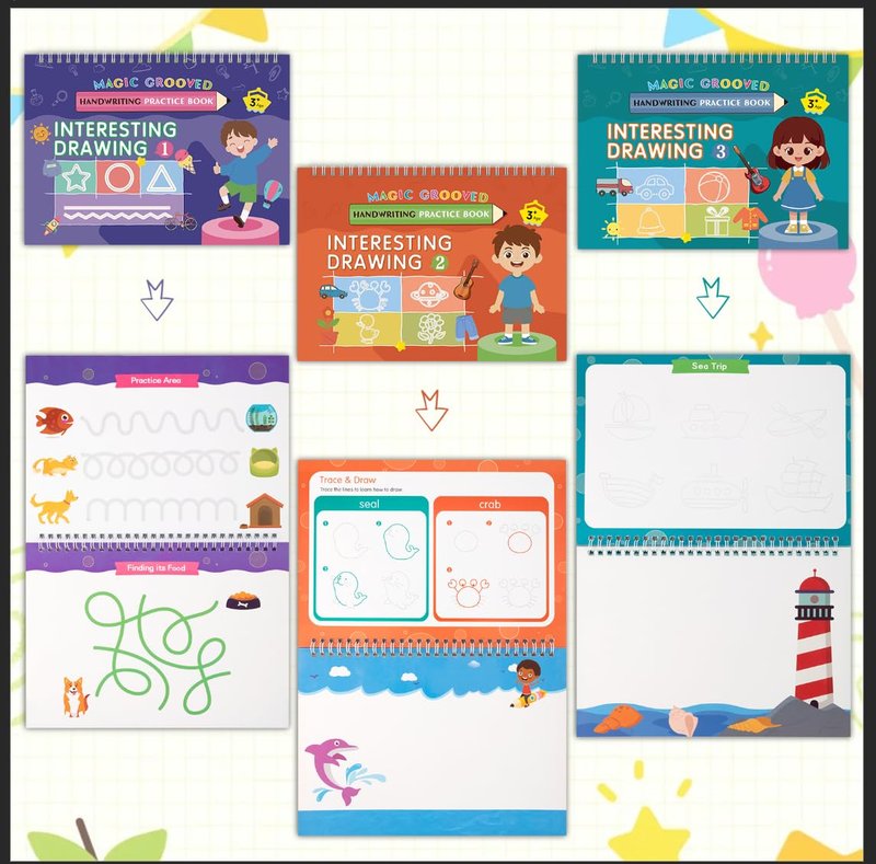 Magic Grooved Handwriting Practice Books for Kids Ages 3-8, Reusable Tracing Book, Preschool Learning Activity, Motor Skills Writing Workbook with Pencil Grips & Magic Ink Pens
