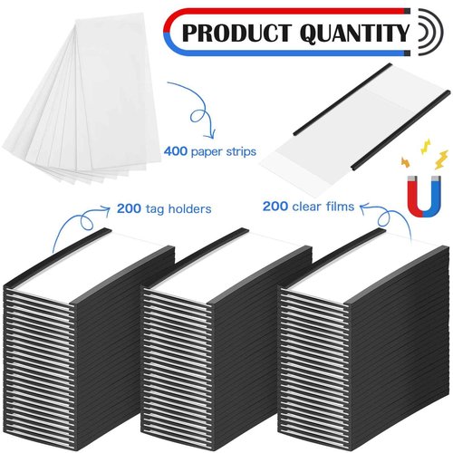 Gueevin 200 Pcs Magnetic Label Holders Bulk 4 x 2 C Channel Label Holder Magnetic Data Card Holders with 200 Pcs Clear Plastic Protectors 400 Pcs Paper Inserts for Name Tag File Cabinet Shelf