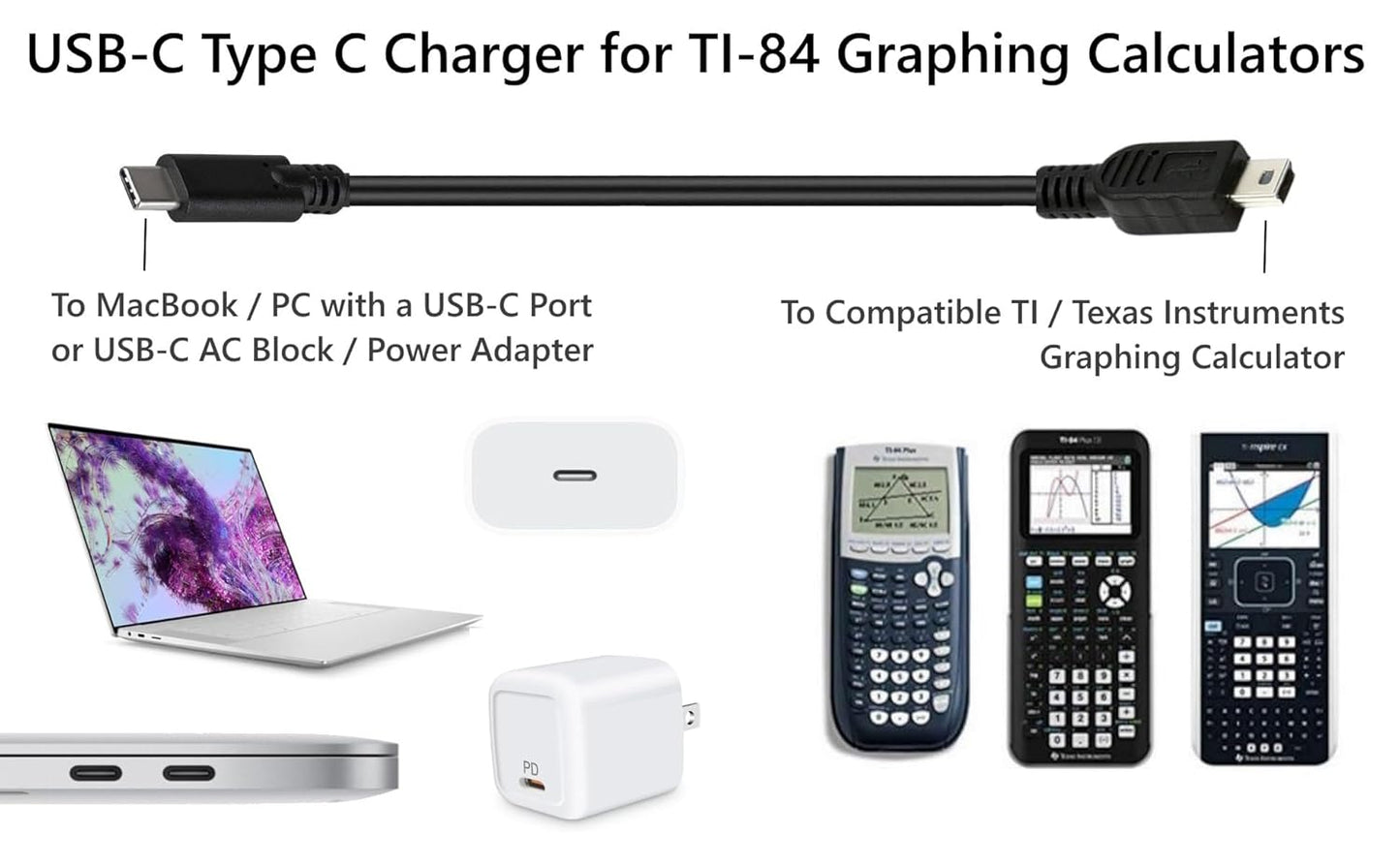 TI-84 Plus CE USB-C Calculator Charger Cable | Compatible with MacBook, PC, & More