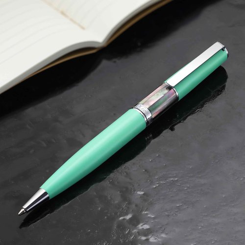 Xezo Speed Master Twist Action Medium Ballpoint Pen. Matte Aqua Green with Tahitian Black Mother of Pearl. Chrome Plated. Lightweight Brass Body. No Two Alike. Etched With a Serial Number