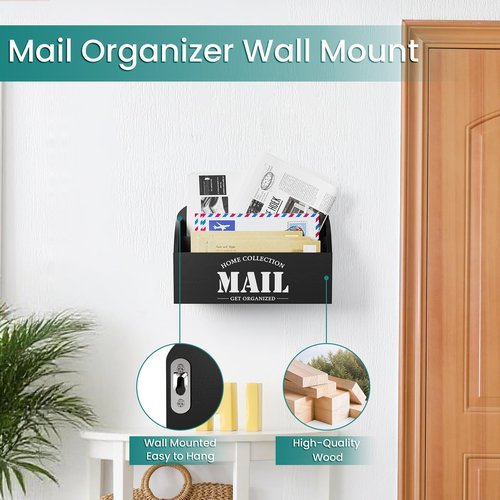 First-zgel Mail Organizer Countertop, Wood Mail Holder with 2 Slots, Rustic Mail Basket Mail Sorter for Wall, Bill Envelope Letter Holder for Home Office (Black