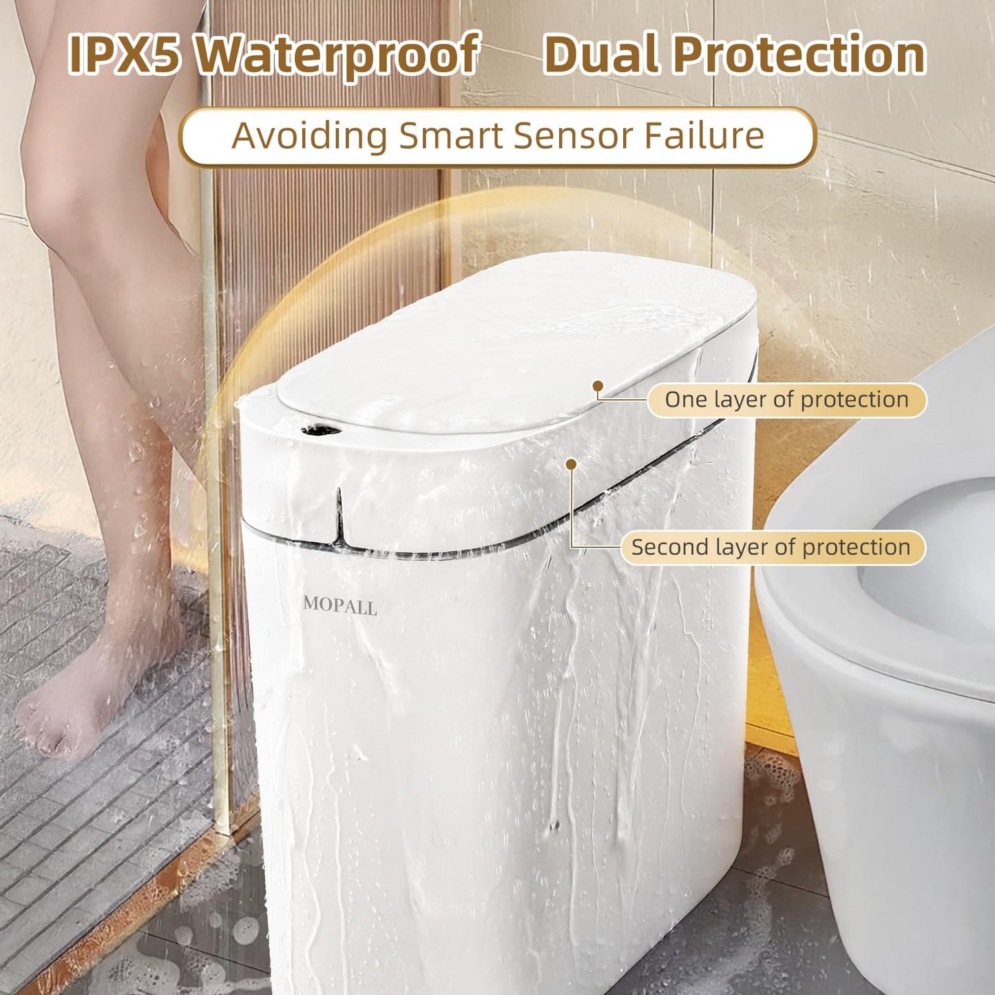 MOPALL Rechargeable Bathroom Trash Can,Motion Sensor Trash Can Automatic Touchless,White 3.5 Gallon Smart Garbage Can with Lid,Auto-Adsorption Slim Small Waste Basket for Bedroom,Bathroom,Kitchen