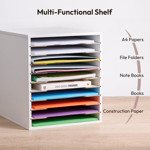 Yumkfoi 9x12 Construction Paper Organizer, 10-tier Adjustable File Sorter for A4 Paper, 8.5x11 Inch Desktop Organizer for Office, Home, School