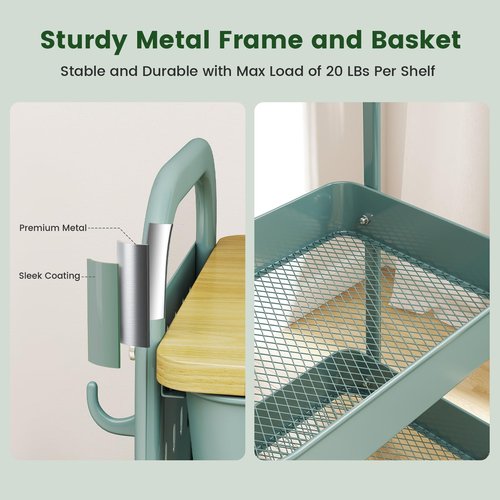 danpinera 3 Tier Rolling Cart, Metal Utility Cart with Wooden Table Top & DIY Pegboard, Rolling Carts with Drawer, Storage Cart Craft Cart with Hooks & Hanging Cups for Kitchen, Bathroom, Office