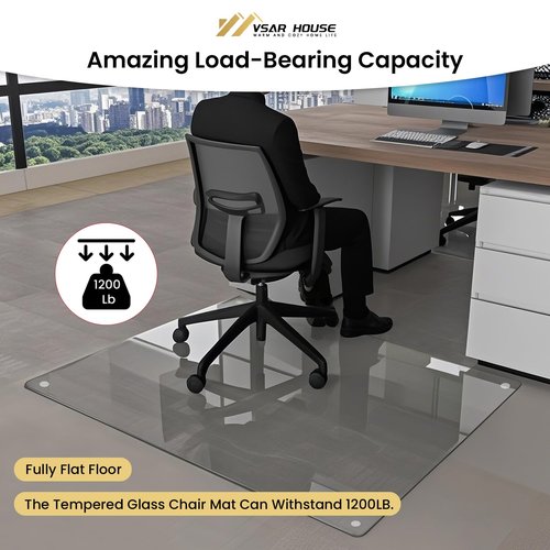 VSAR House 55"x46" Tempered Glass Chair Mat, Heavy Duty Glass Office Floor Mat for Carpet or Hardwood Floors, with Non-Slip Pads, Round Corner and Polished Edge, Effortless Rolling, Thick 1/5"