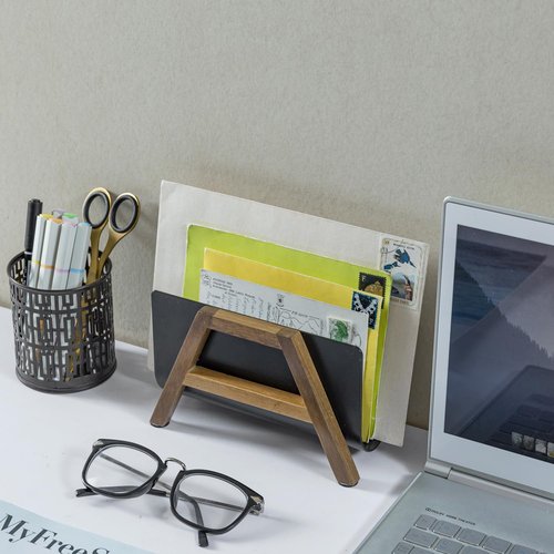 MyGift Modern Desktop Mail Holder, Urban Solid Acacia Wood and Matte Black Metal Tabletop Letter Sorter