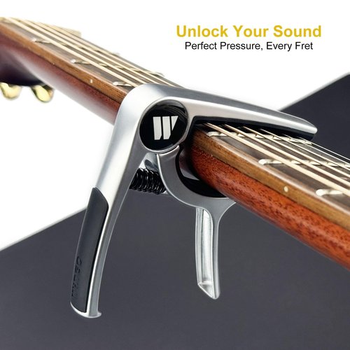 WINGO Guitar Capo for Acoustic and Electric Guitars, Ukulele, Mandolin, Banjo - Silver with 5 Non-slip Picks.