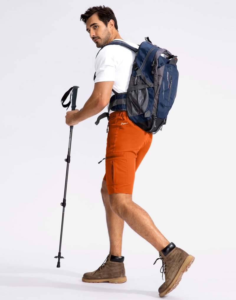 Pudolla Men's Hiking Cargo Shorts 9" Lightweight Outdoor Work Shorts for Men Travel Golf Camping Casual with 5 Zipper Pockets(Orange X-Large)