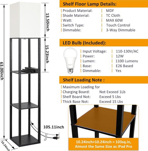 FOLKSMATE LED Floor Lamp - 3-Way Dimmable Touch Control with USB Charging Ports & Shelves | Modern Design for Bedroom & Living Room