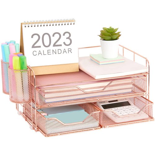 ECOLOVI Computer Monitor Stand for Desk, Desk Organizer and Accessories with 3 Drawers and 2 Pen Holders, Rose Gold Office Supplies Computer Desk Accessories