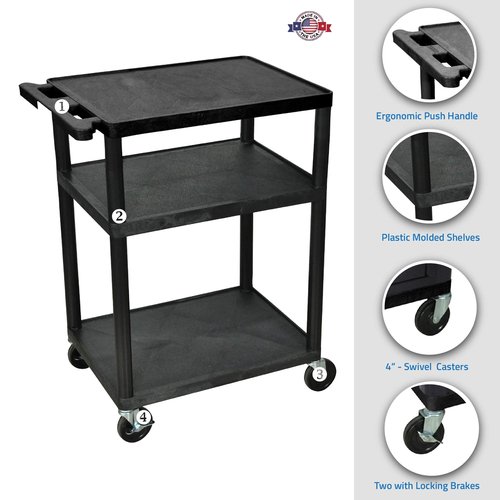 Luxor Black Mobile Plastic 3 Shelf AV Presentation Cart