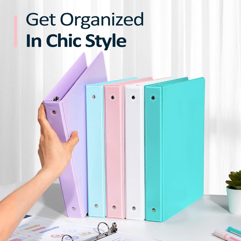 6 Pack 3 Ring Extra Durable Binders 1 inch, Sooez 1” Three Round Ring Binders with Pockets, Cute Customizable Clear View Cover for 8.5 x 11 Letter Size Papers, Pastels School Office Supplies for Girl