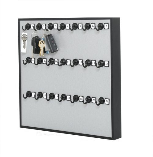 International Stand Company Key Holder # 21MAF, Key Rack for Wall, Aluminum Framed 21 Bolted Metal Hooks with Numberplate, Extra Space, and Adjustable Hangers (21 Sets of Tag & Ring Included)