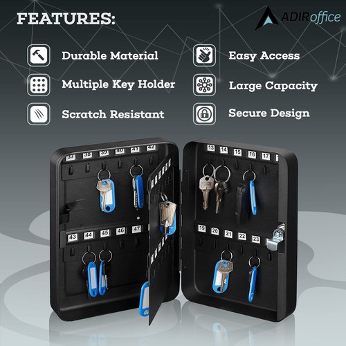 AdirOffice Key Lock Box – 48 Key Hooks Wall Mounted Key Cabinet Lock Box, Car Keys Holder Box, Lockable Key Storage Box - Metal Key Box Organizer with for Home and Office