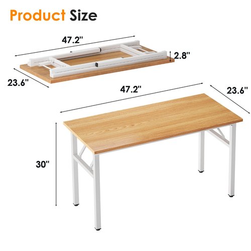 SDHYL 47 inches No Assembly Foldable Computer Desk for Home Office Workstation, Simple Folding Study and Writing Table with Metal Frame, Teak and White