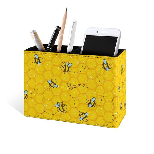 Famame Honeycomb Cute Bee Pencil Holder for Desk, Leather Desktop Container Pen Cup Storage Study Table Pen Organizer Makeup Brushes Holder for Office Home