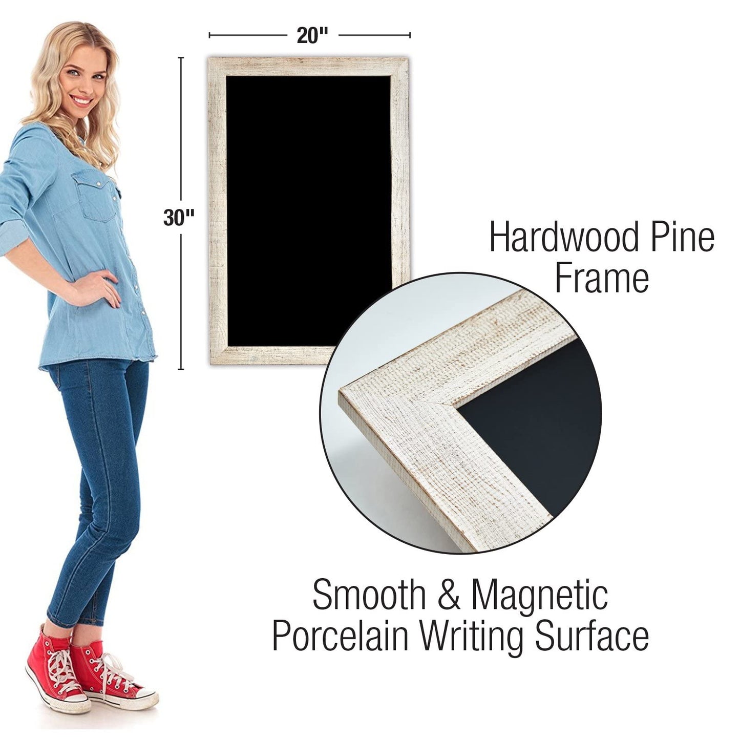 Rustic White Magnetic Wall Chalkboard Sign: Includes 10 Liquid Chalk Markers 20"x30" Wooden Hanging Chalk Sign for Kitchen Wall Decor, Restaurant Menu Board and Wedding Sign / Hangs in Both Directions