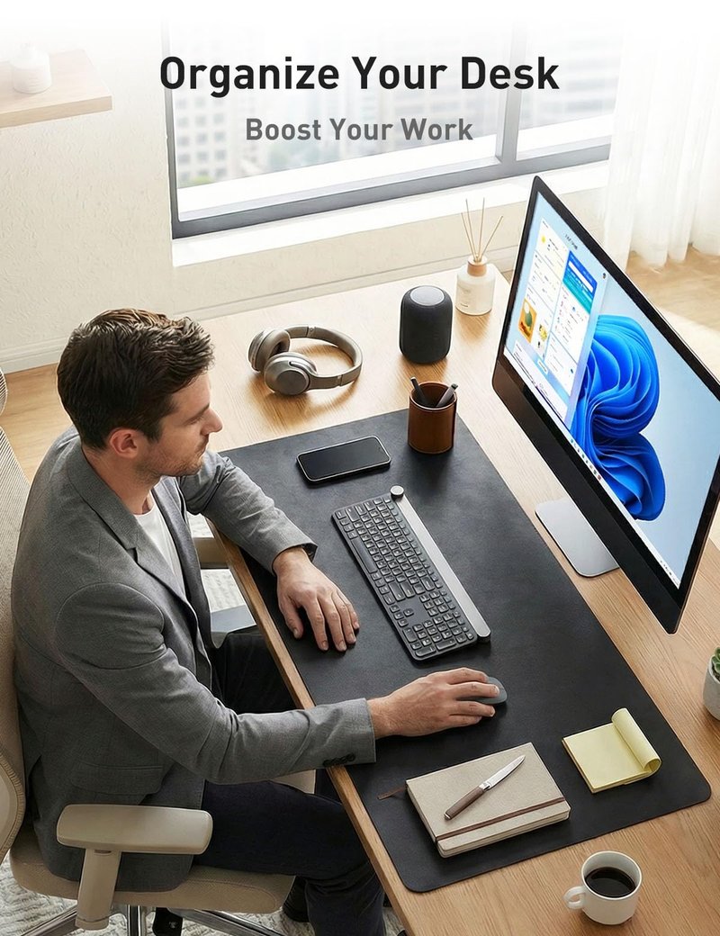 Aothia Faux Leather Desk Mat - Non-Slip PU Leather Desk Blotter, Waterproof Writing Surface, Large Desk Pad for Office & Home (Black, 55" x 17")