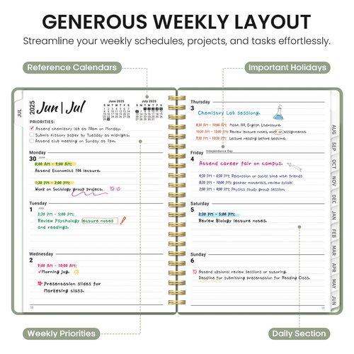 Planner 2025-2026, Academic Year Weekly and Monthly Calender Planner, July 2025 - June 2026, Spiral Bound School Planning Tool, Perfect for Teacher, Student, Women & Men - A5 (6.3" x 8.5"), Green