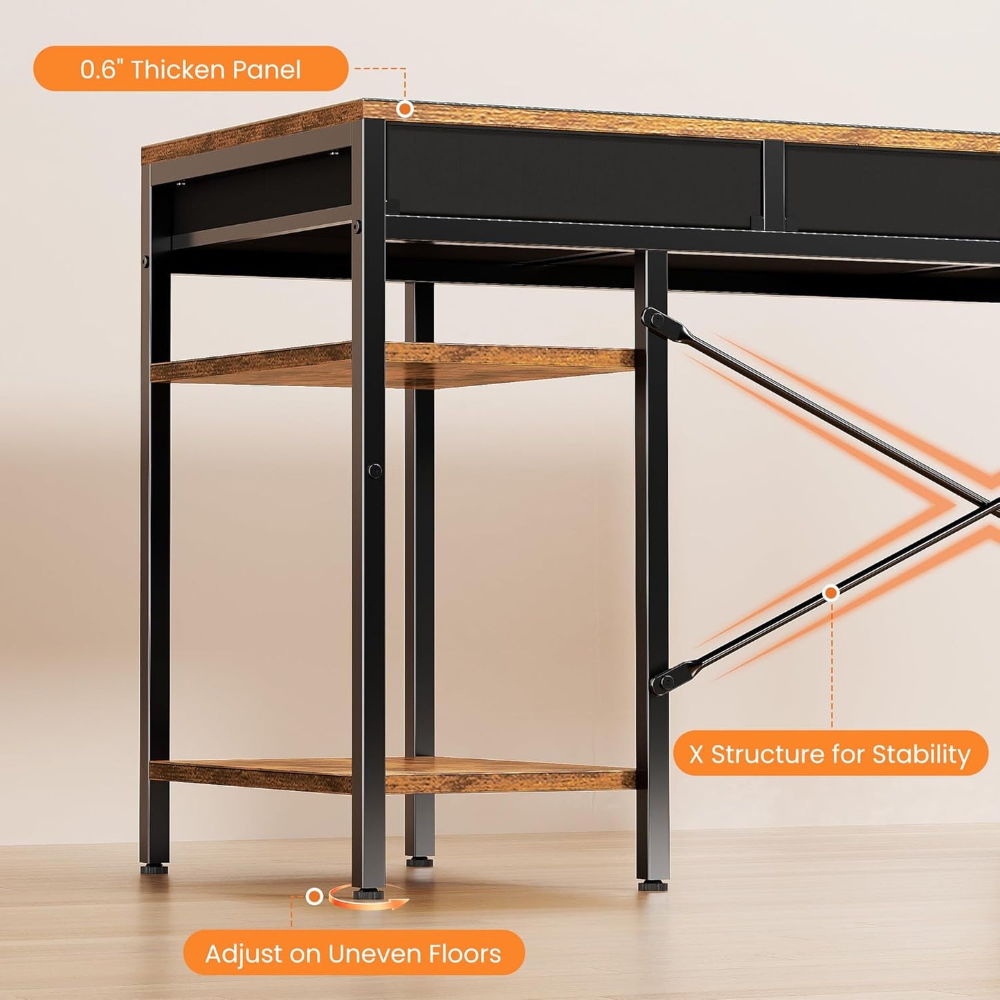 Sweetcrispy 47" Computer Desk - Rustic Brown Home Office Gaming Desk with 6 Drawers & Storage Shelves