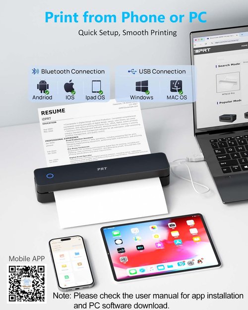 PRT Inkless Portable Printer for Travel, Wireless Thermal Printer Support 8.5 x 11 Inch US Letter A4 B5, Bluetooth Mobile Printers with iOS, Android, Laptop for Home Use, Car, Office, School, Black