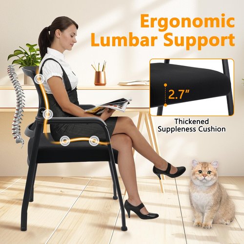 KLASIKA Guest Reception Chair No Wheels with Adjustable Mesh Backrest, Arm Chair with Ergonomic Lumbar Support and Thickened Seats Cushion, Waiting Room Chairs for Office School Church, Black, 2PACK