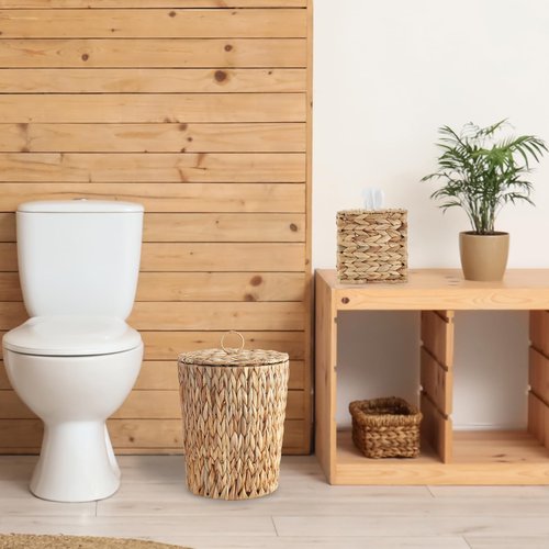 YOKOMI 4 Gallon Wicker Trash Can with Lid and Square Wicker Tissue Box Cover, Boho Decorative Handwoven Water Hyacinth Rattan Bedroom Bathroom Living Room Accessories Decor (Natural)