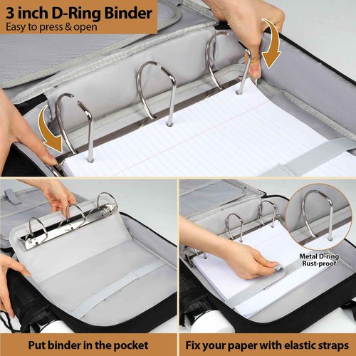 Partreko 3 inch D-ring Zipper Binder Bag for 700 Sheets&13 inch Laptop Organizer, Detachable Zip Up Binder with Removable Pen Case& Bottle Pocket for Middle High School Office Supplies Storage (Black)
