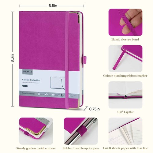 ONAVIA A5 Lined Journal Notebook - 100 GSM Thick Paper, 6 Pack Hardcover Journaling Notebooks for Writing, Work, Travel, School, College Ruled Journals for Women Men, PU Leather Note Books, 5.5”x8.3”