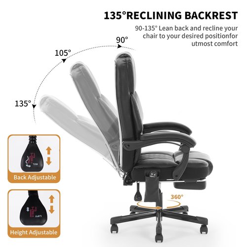High-Performance Black Massage Office Chair Extendable Footrest + 6-Zone Vibration Heating 400lbs Heavy-Duty Recliner Ergonomic Executive Managerial Chair for Home Office Black