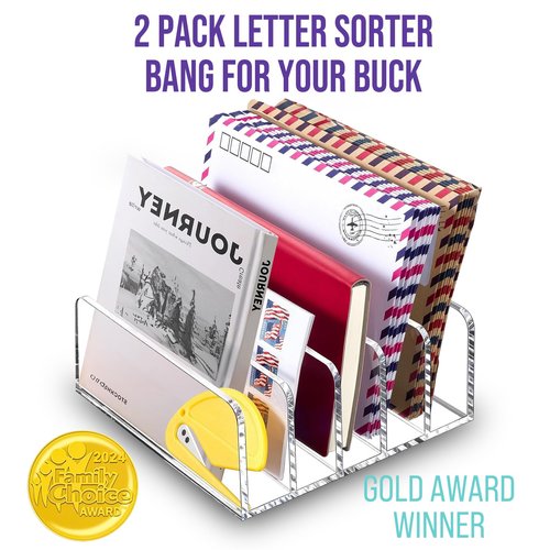 RAJOVE 2 Pack Acrylic Desk Letter Organizer, 5 Compartments Clear File Mail Organizer for Desk, Multifunction Modern Office Home Envelope Organizer for Office,Home, Classroom Bill, Document, Notebook