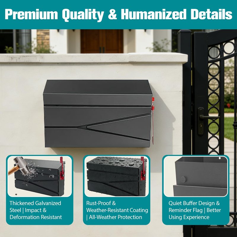 15.74" x 9.84" x 4.33" Wall Mount Mailbox, Large Capacity Mail Box for Outside, Modern Collection Box Postbox, No Keys Locking, with Flag Kit