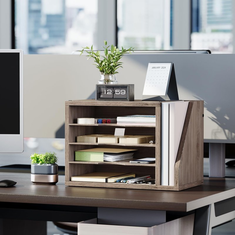 Creso hom Mail Sorter, File Organizer Desktop, Wood Desk Organizer with 3 Adjustable Shelves, Mail Holder for Office, Home, Letter Sorter File Holders for Envelopes, Mail Supplies Magazines, Greige
