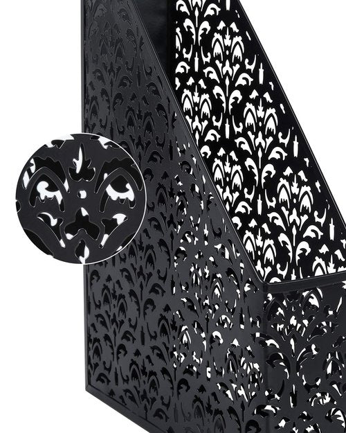 EasyAPG Heavy Duty Metal Magazine File Holder - Carved Hollow Flower Pattern Design, No Assembly Desk Organizer for Legal Size Files, Home Office Storage Rack, Black