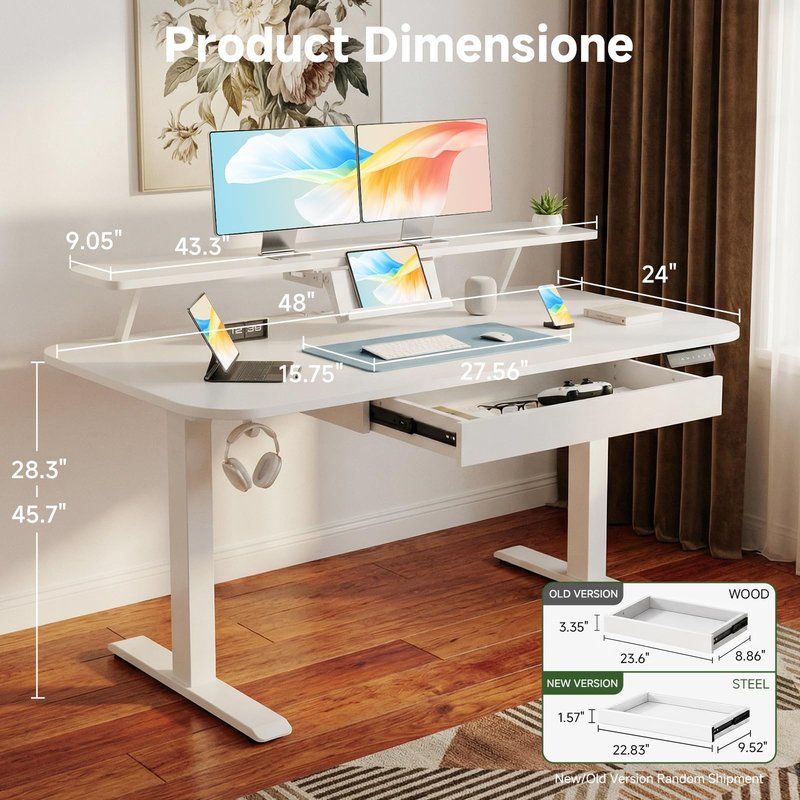 COMHOMA Electric Standing Desk with Drawers, 48 x 24'' Sit Stand up Desk with Monitor Stand, Laptop Stand, Height Adjustable Ergonomic Home Office Computer Desk with Memory Preset Controller