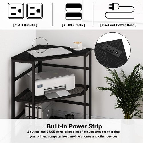 VEDECASA Corner Printer Stand Table with Power Outlet Charging Plugs USB Port Adjustable Storage Shelf Computer Tower CPU Stand Holder for Home Office (Black)