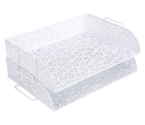 EasyPAG 5-Piece Desk Organizer Set with Carved Floral Design - No Assembly Stackable 2-Tier File Tray, Letter Sorter, Pen & Card Holders for Office/Home/Dorm, White